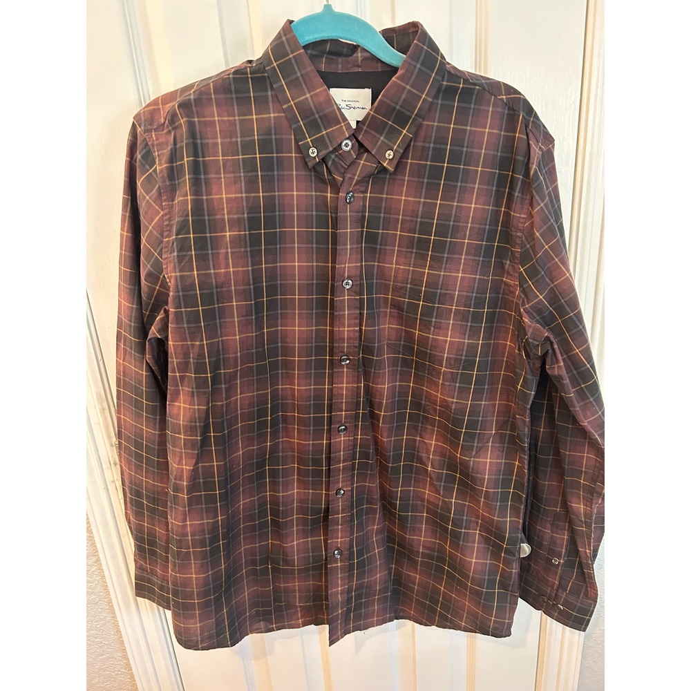 Ben Sherman Button Down Shirt Burgundy Brown Plaid Cotton Long Sleeve Mens L